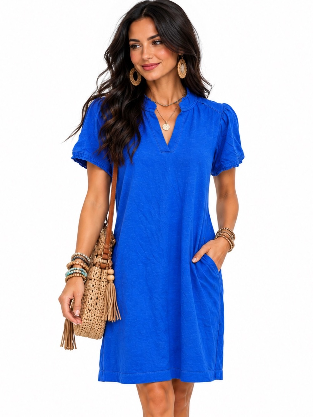 Soft Surroundings Cotton Cobalt Blue Short-Sleeve Classic Dress